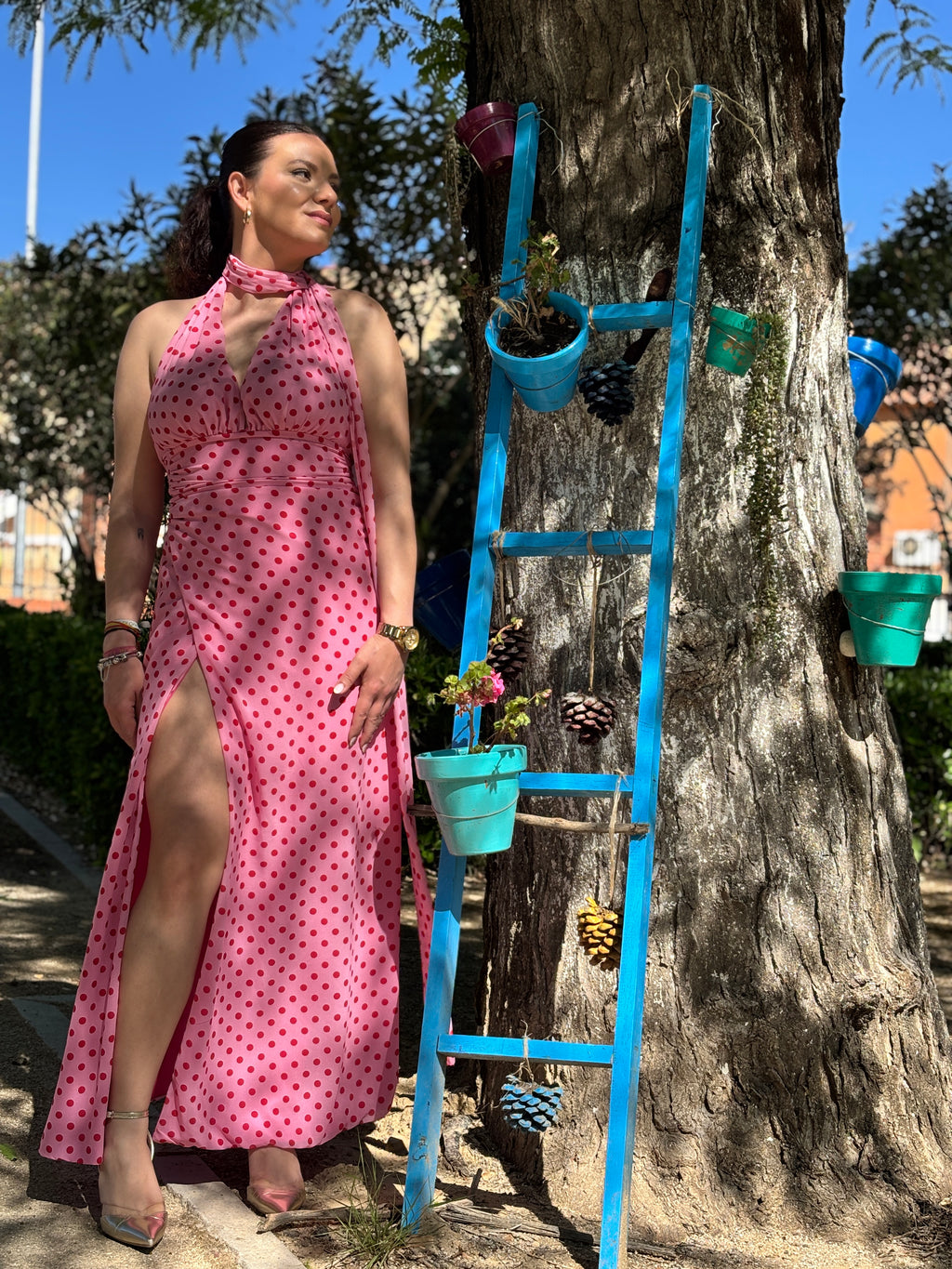 Vestido Largo Halter Lunares Rosa