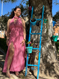 Vestido Largo Halter Lunares Rosa