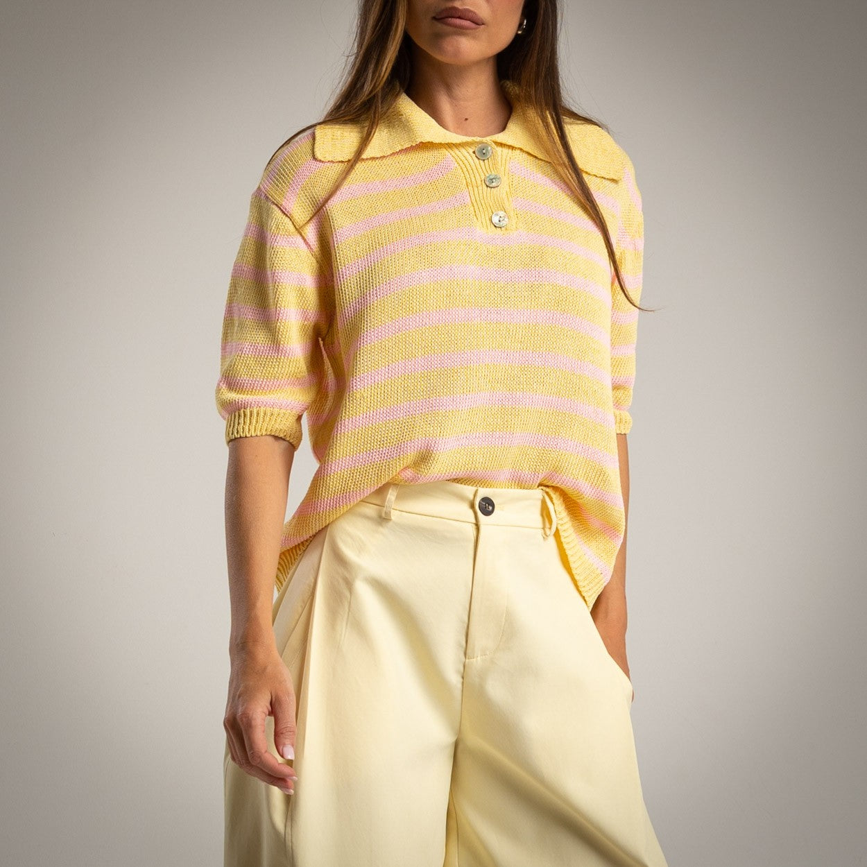 Jersey-polo de punto amarillo y rosa